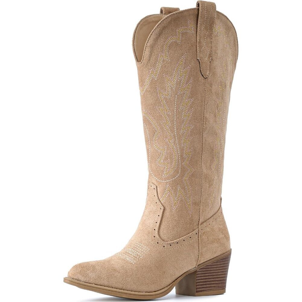 Women Apricot Chunky Heel Pointed Toe Cowgirl Mid Calf Embroidery Western Boots - Picture 4 of 6